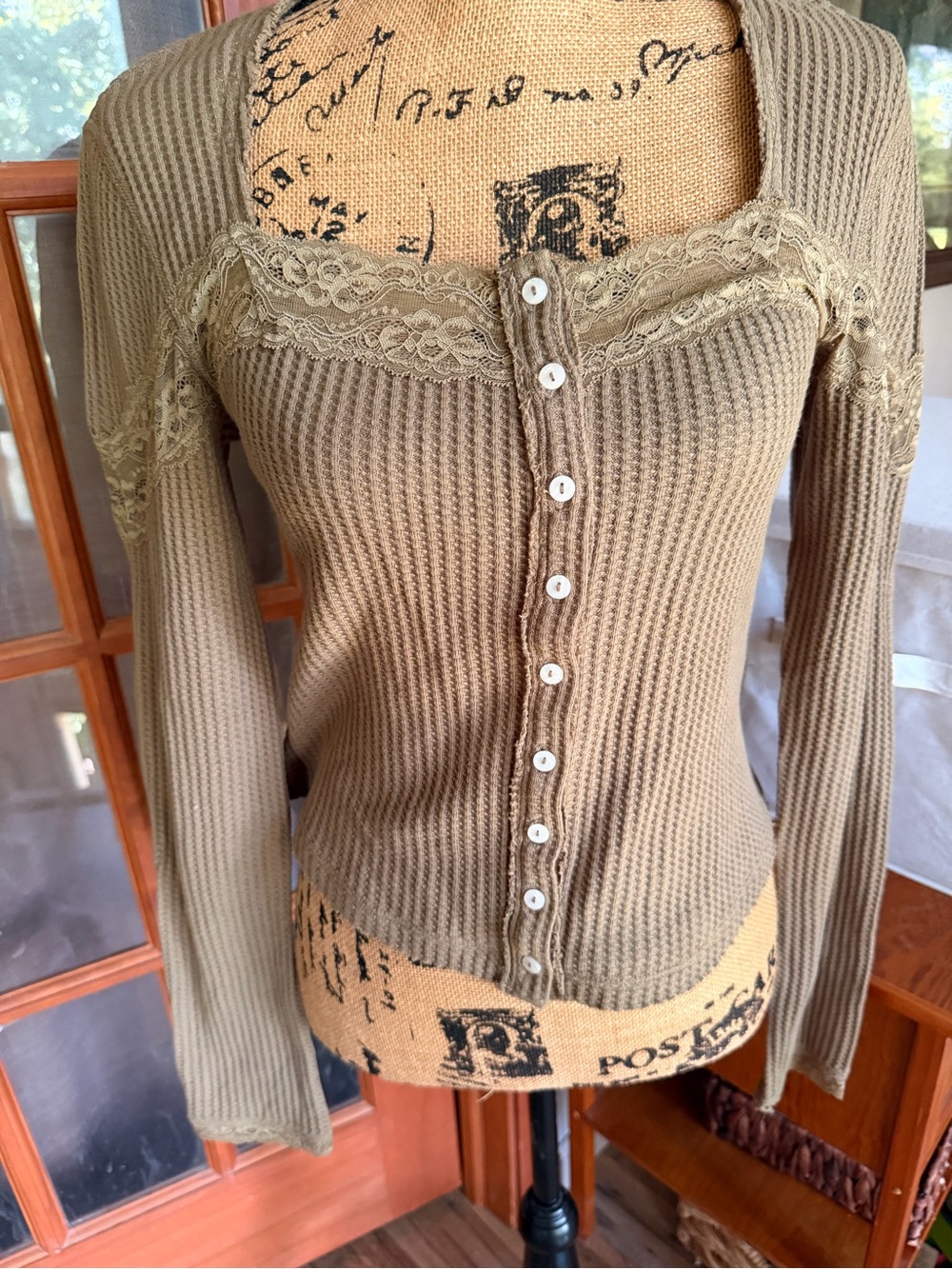 Free People Olive Green Lace-Trim Ribbed Long Sleeve Top